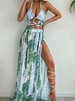 3 Pieces Print Cross Bikini  Sexy Halter Swimsuit & Cover Up Beach Dress