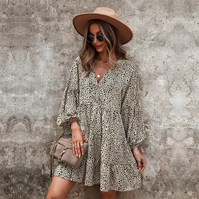 Amy Fashion - Casual V Neck Button Full Sleeve Dot Mini Dresses