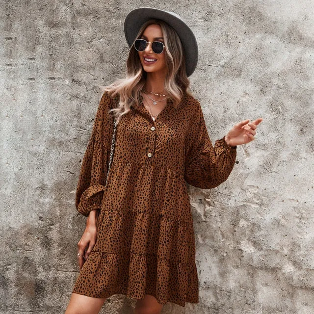 Amy Fashion - Casual V Neck Button Full Sleeve Dot Mini Dresses