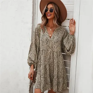 Amy Fashion - Casual V Neck Button Full Sleeve Dot Mini Dresses