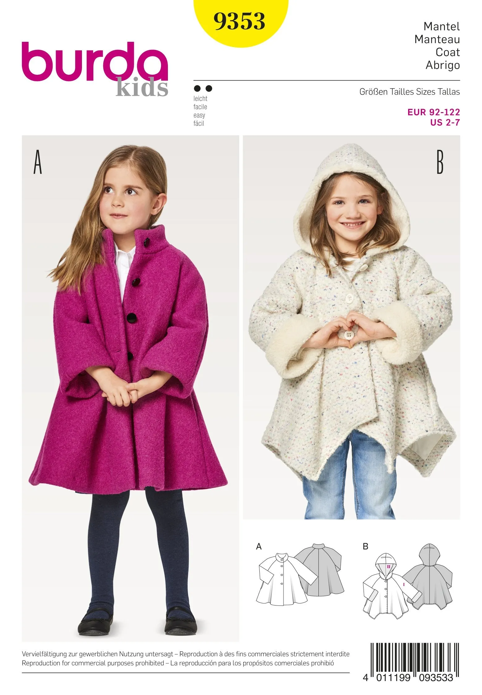 BD9353 Child's A-Line Coat | Burda style pattern