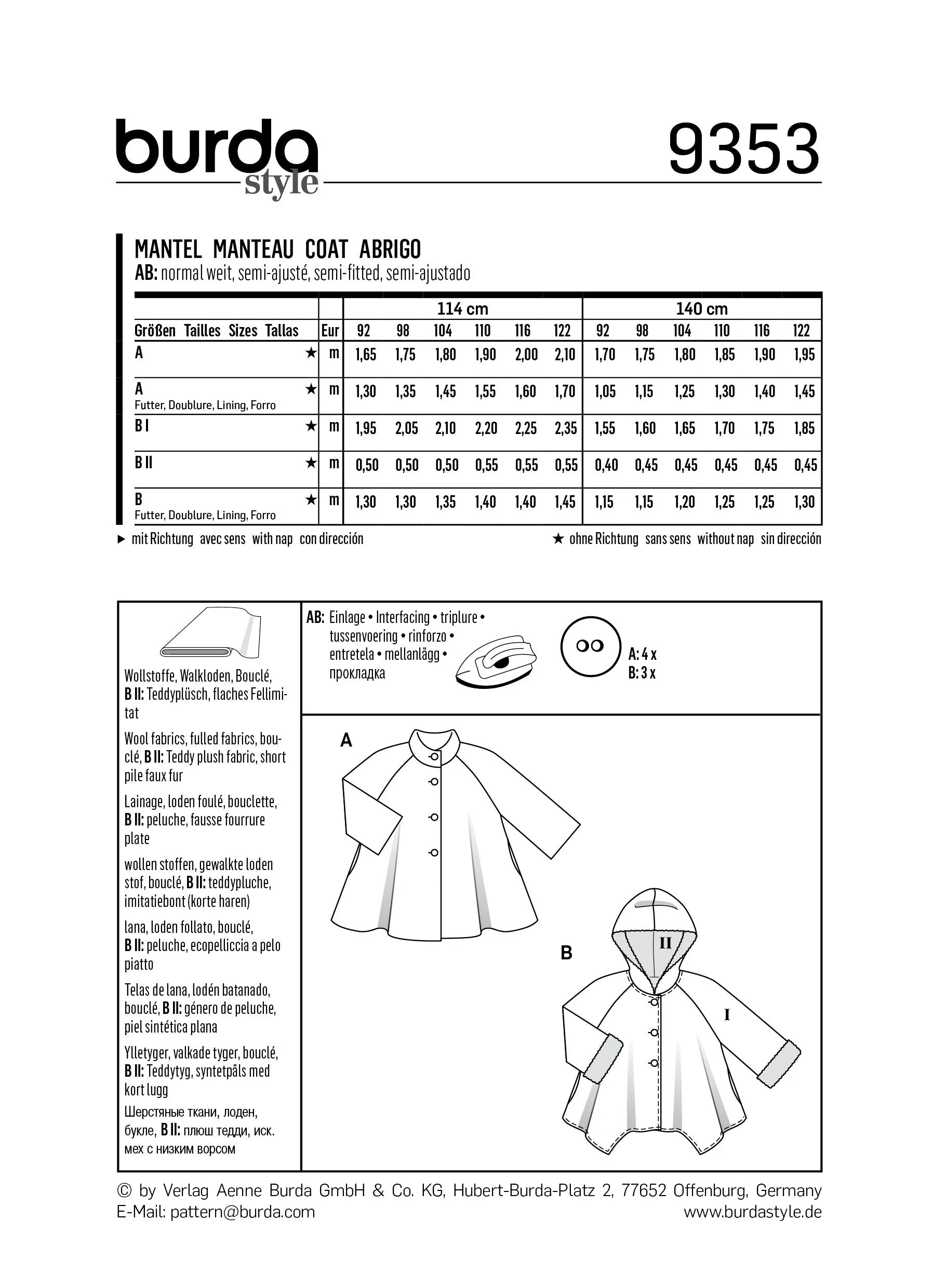 BD9353 Child's A-Line Coat | Burda style pattern