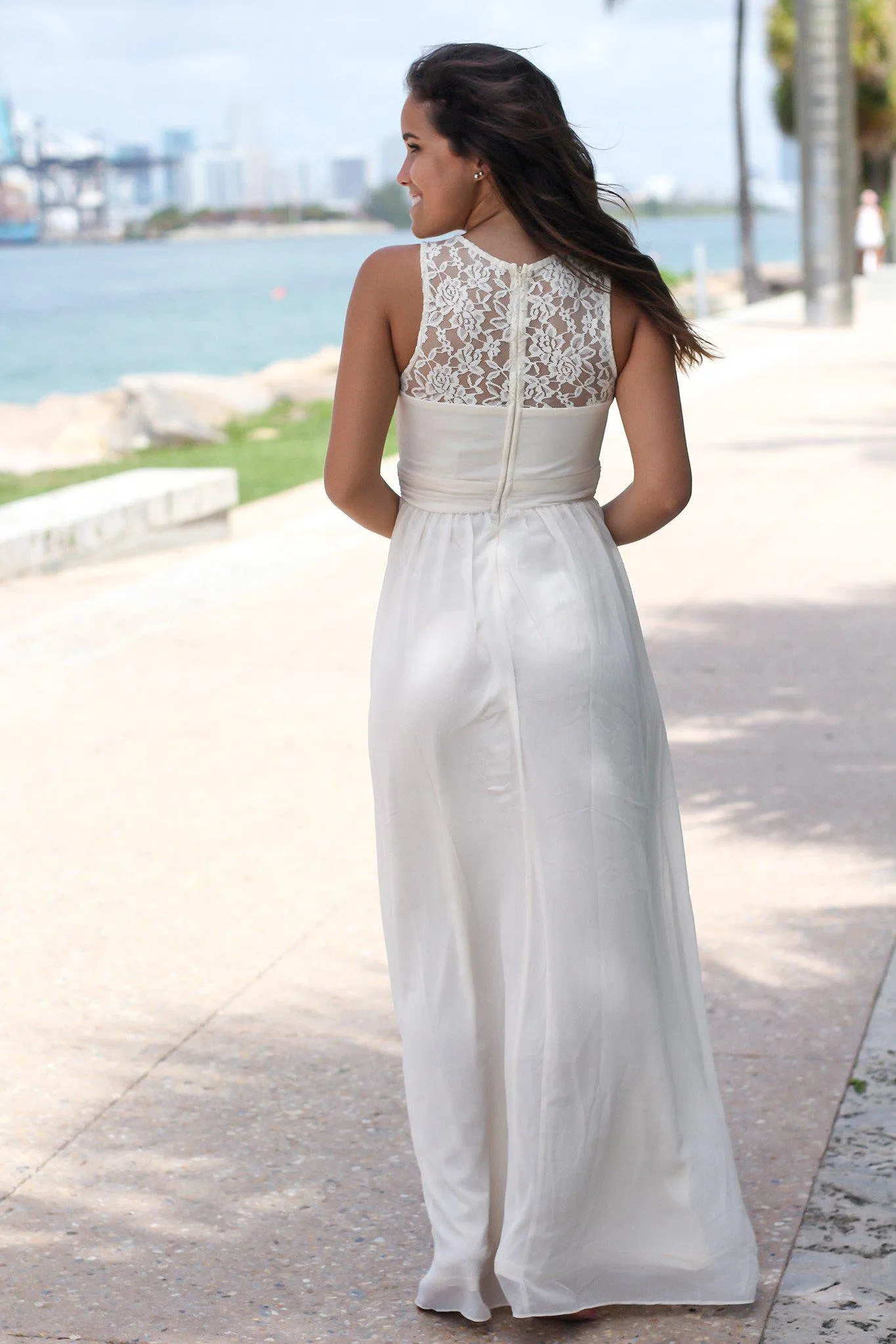 Beige Maxi Dress with Pleated Lace Top