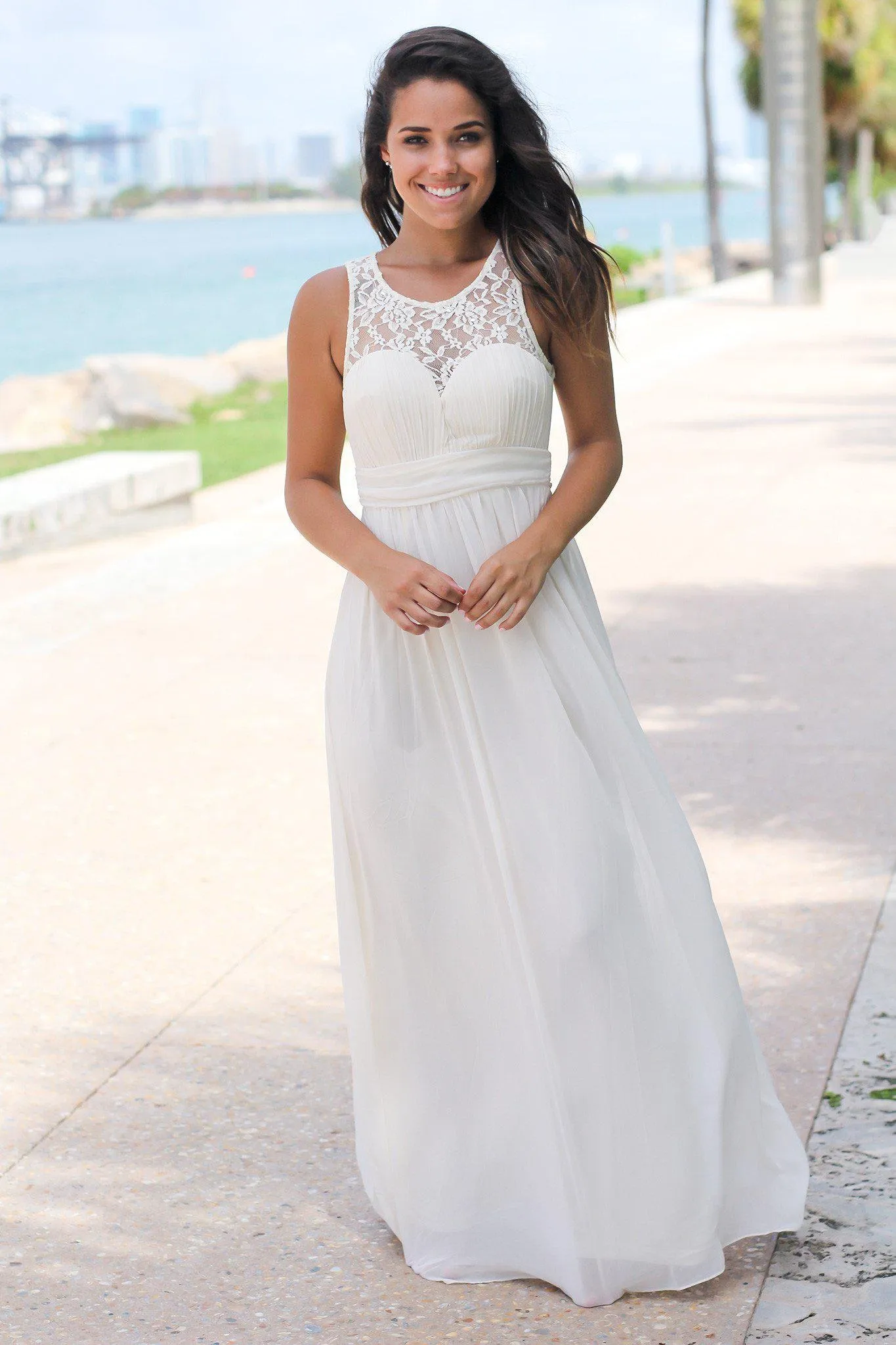 Beige Maxi Dress with Pleated Lace Top