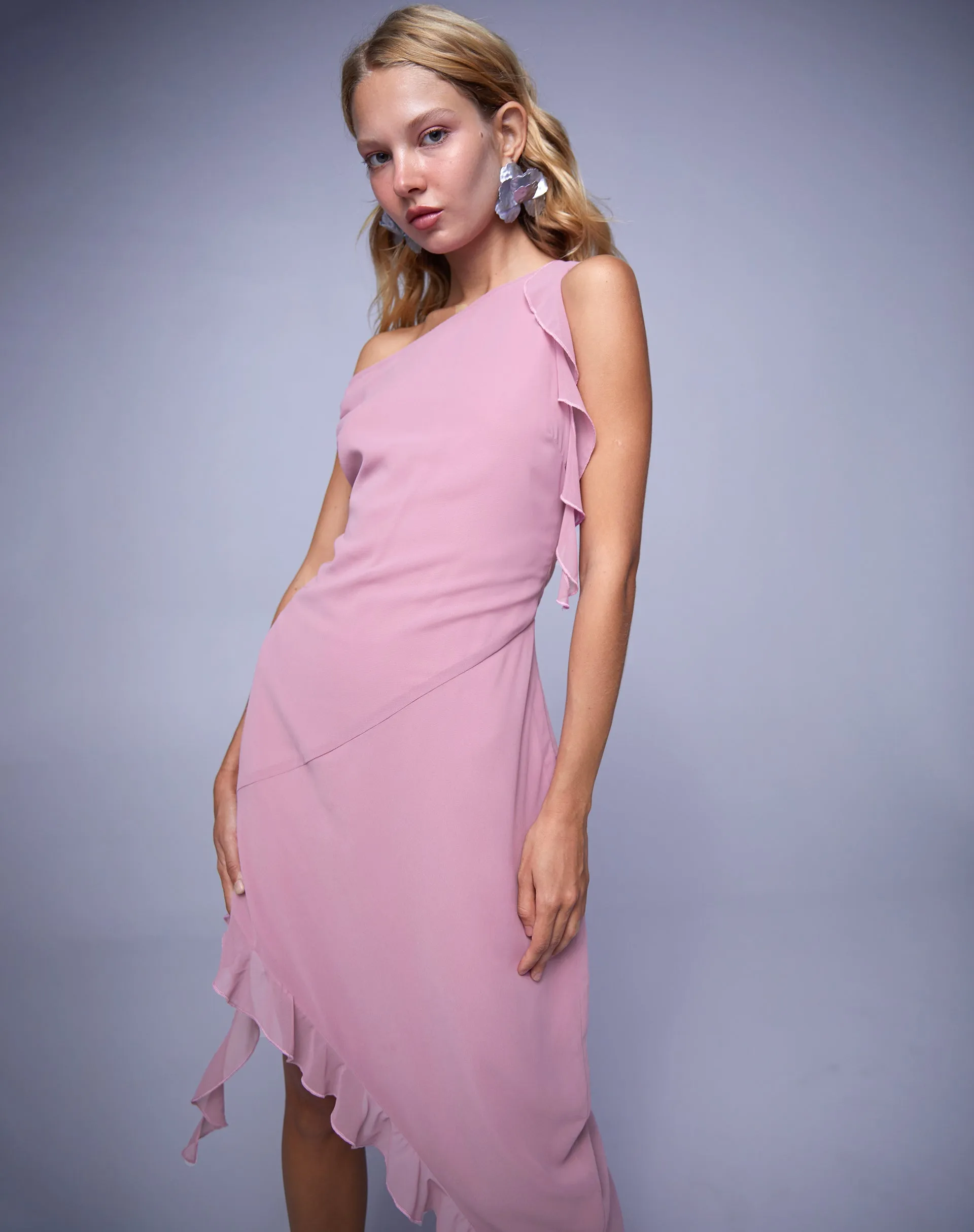 Beleri Ruffle Asymmetric Dress in Pink Chiffon