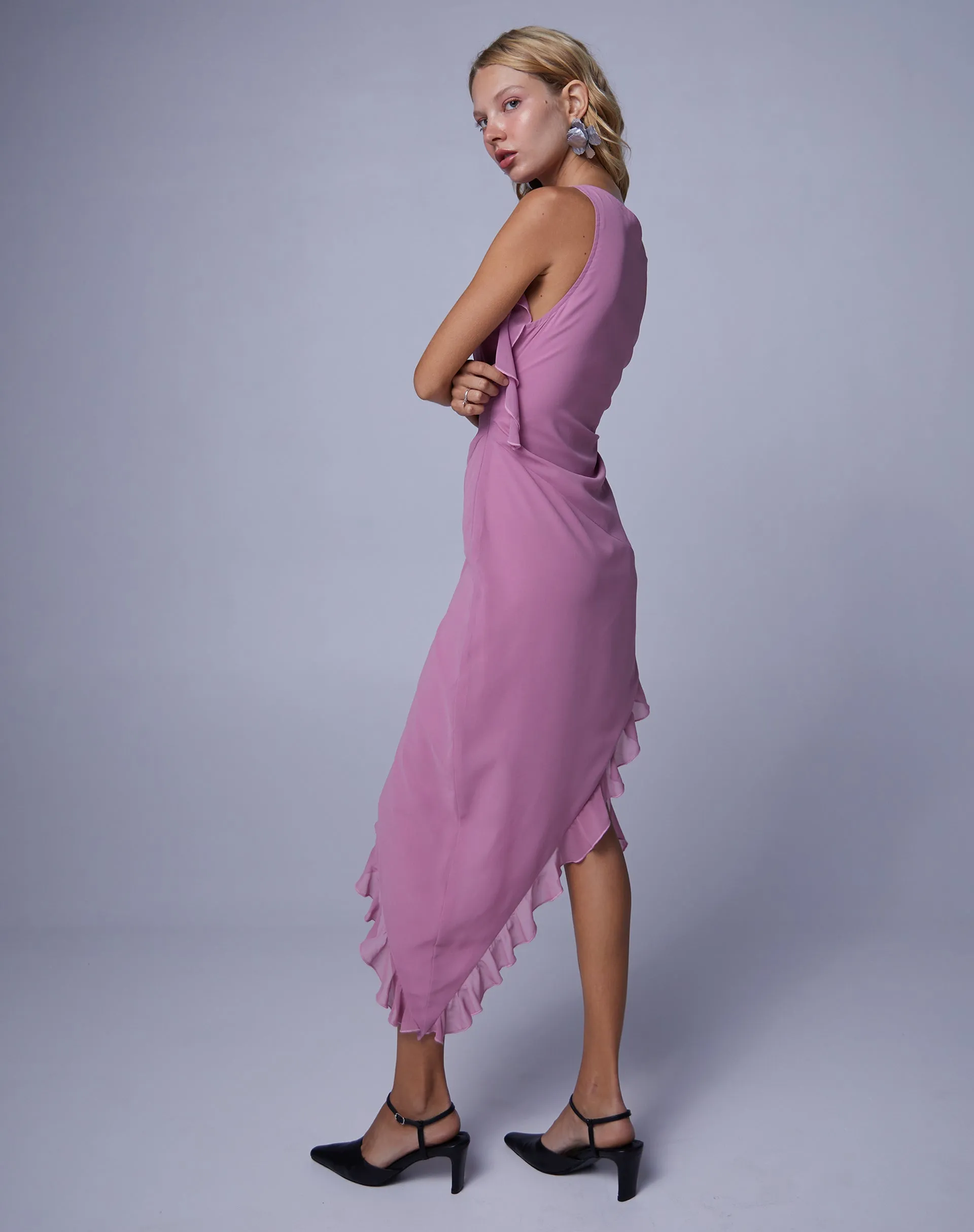 Beleri Ruffle Asymmetric Dress in Pink Chiffon