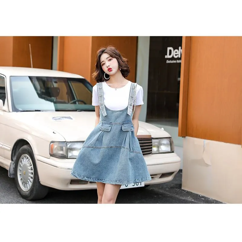 Belly-Covering Suspender Preppy Style Plus A-Line Two-Piece Set Pinafore Denim Skirt