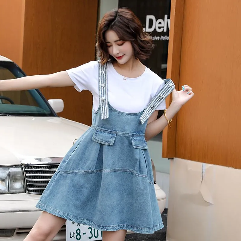 Belly-Covering Suspender Preppy Style Plus A-Line Two-Piece Set Pinafore Denim Skirt