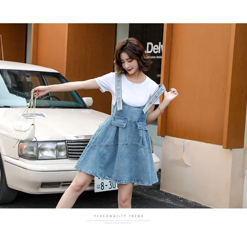 Belly-Covering Suspender Preppy Style Plus A-Line Two-Piece Set Pinafore Denim Skirt