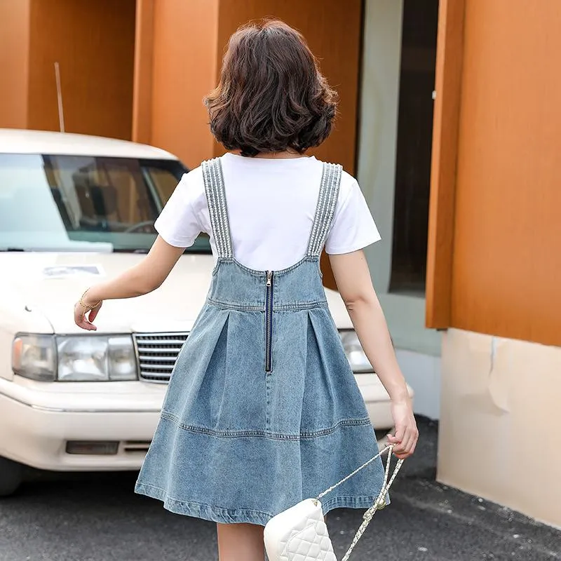 Belly-Covering Suspender Preppy Style Plus A-Line Two-Piece Set Pinafore Denim Skirt