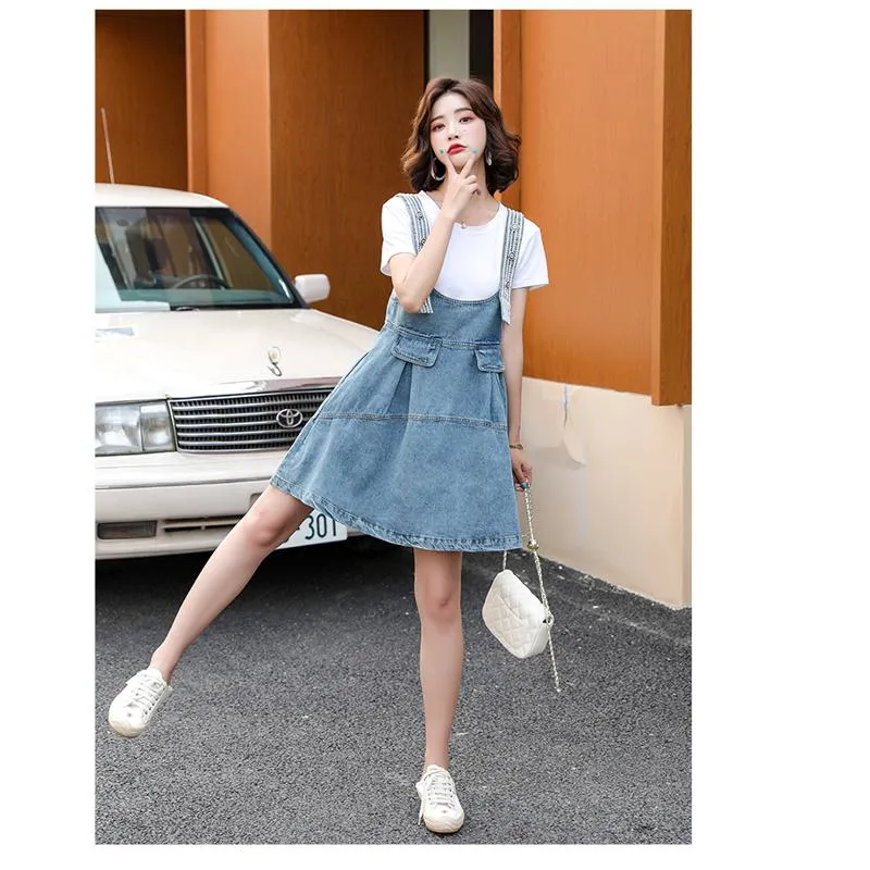 Belly-Covering Suspender Preppy Style Plus A-Line Two-Piece Set Pinafore Denim Skirt