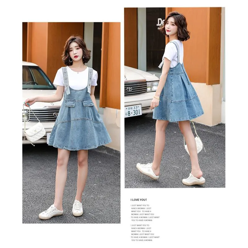 Belly-Covering Suspender Preppy Style Plus A-Line Two-Piece Set Pinafore Denim Skirt