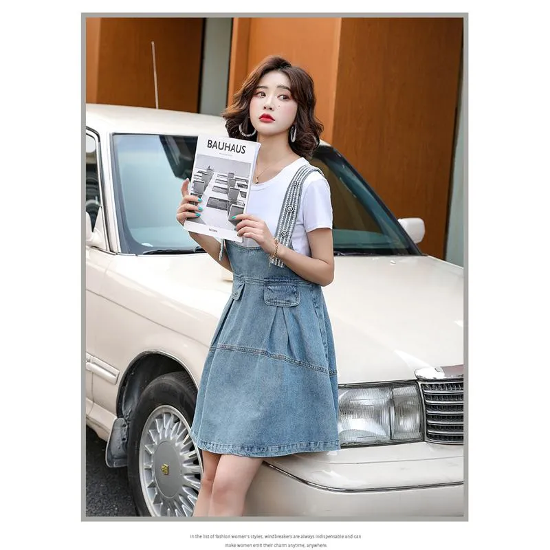 Belly-Covering Suspender Preppy Style Plus A-Line Two-Piece Set Pinafore Denim Skirt