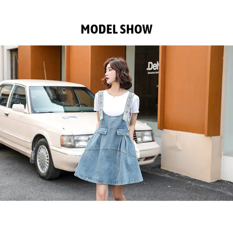 Belly-Covering Suspender Preppy Style Plus A-Line Two-Piece Set Pinafore Denim Skirt