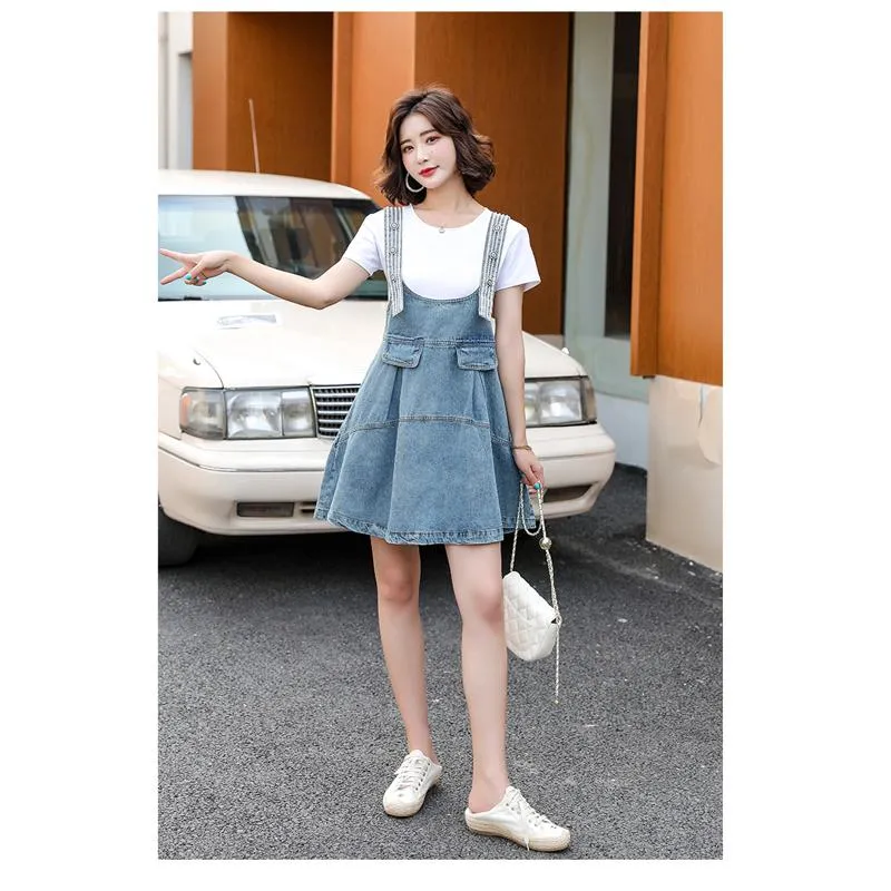 Belly-Covering Suspender Preppy Style Plus A-Line Two-Piece Set Pinafore Denim Skirt