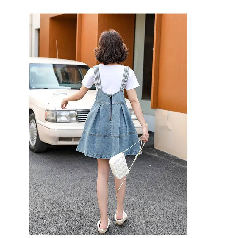 Belly-Covering Suspender Preppy Style Plus A-Line Two-Piece Set Pinafore Denim Skirt