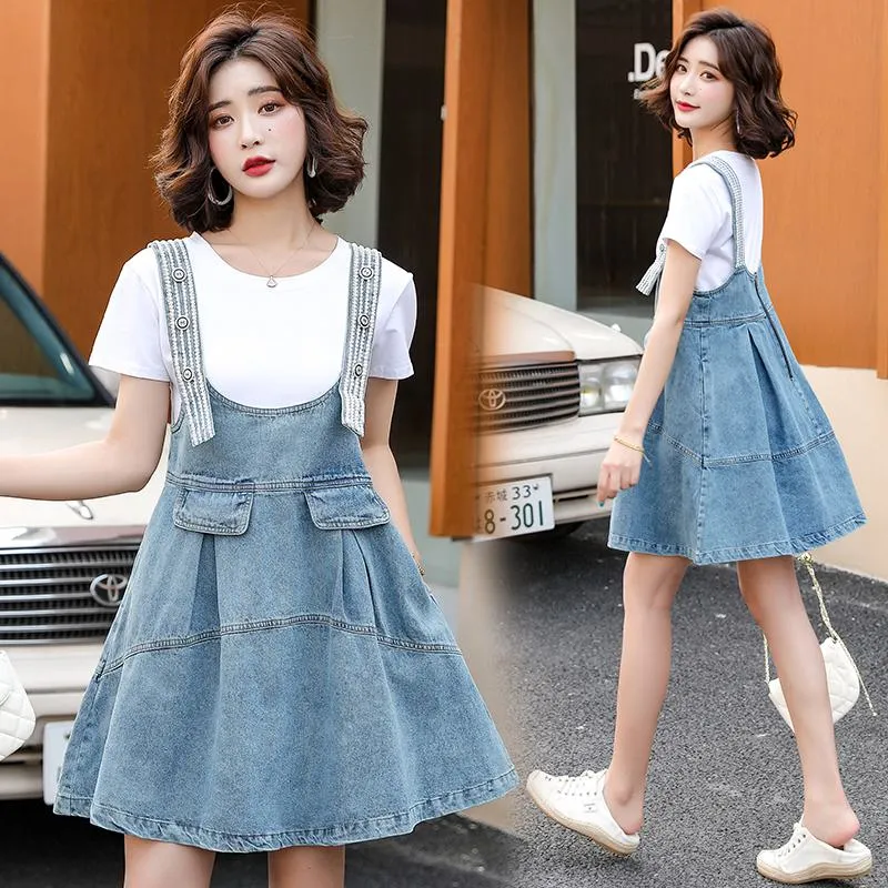 Belly-Covering Suspender Preppy Style Plus A-Line Two-Piece Set Pinafore Denim Skirt