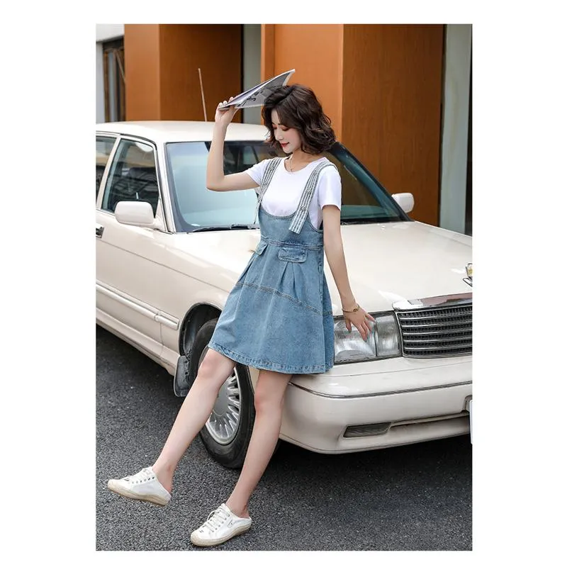 Belly-Covering Suspender Preppy Style Plus A-Line Two-Piece Set Pinafore Denim Skirt