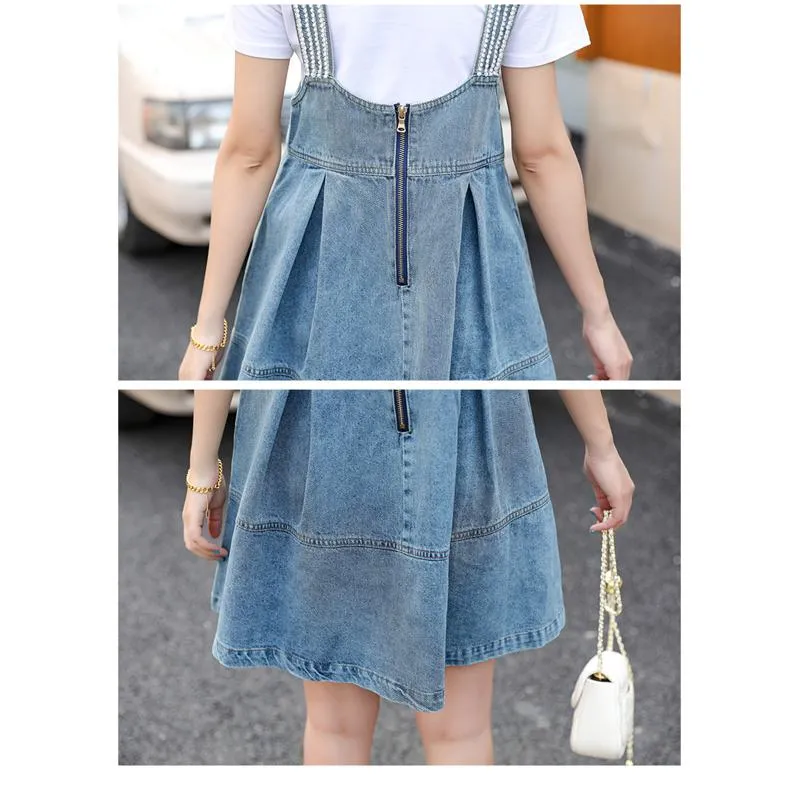 Belly-Covering Suspender Preppy Style Plus A-Line Two-Piece Set Pinafore Denim Skirt