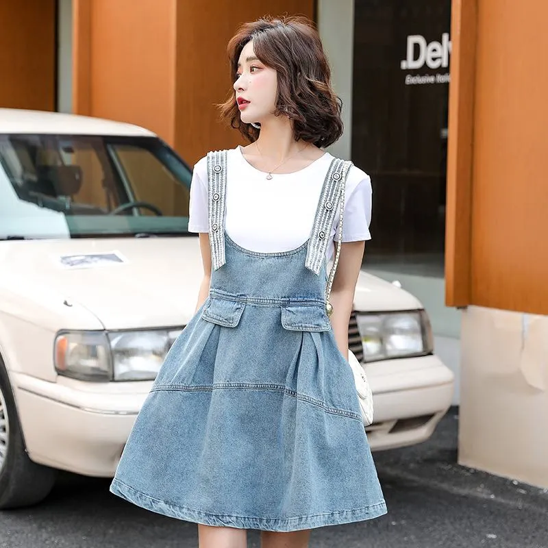 Belly-Covering Suspender Preppy Style Plus A-Line Two-Piece Set Pinafore Denim Skirt