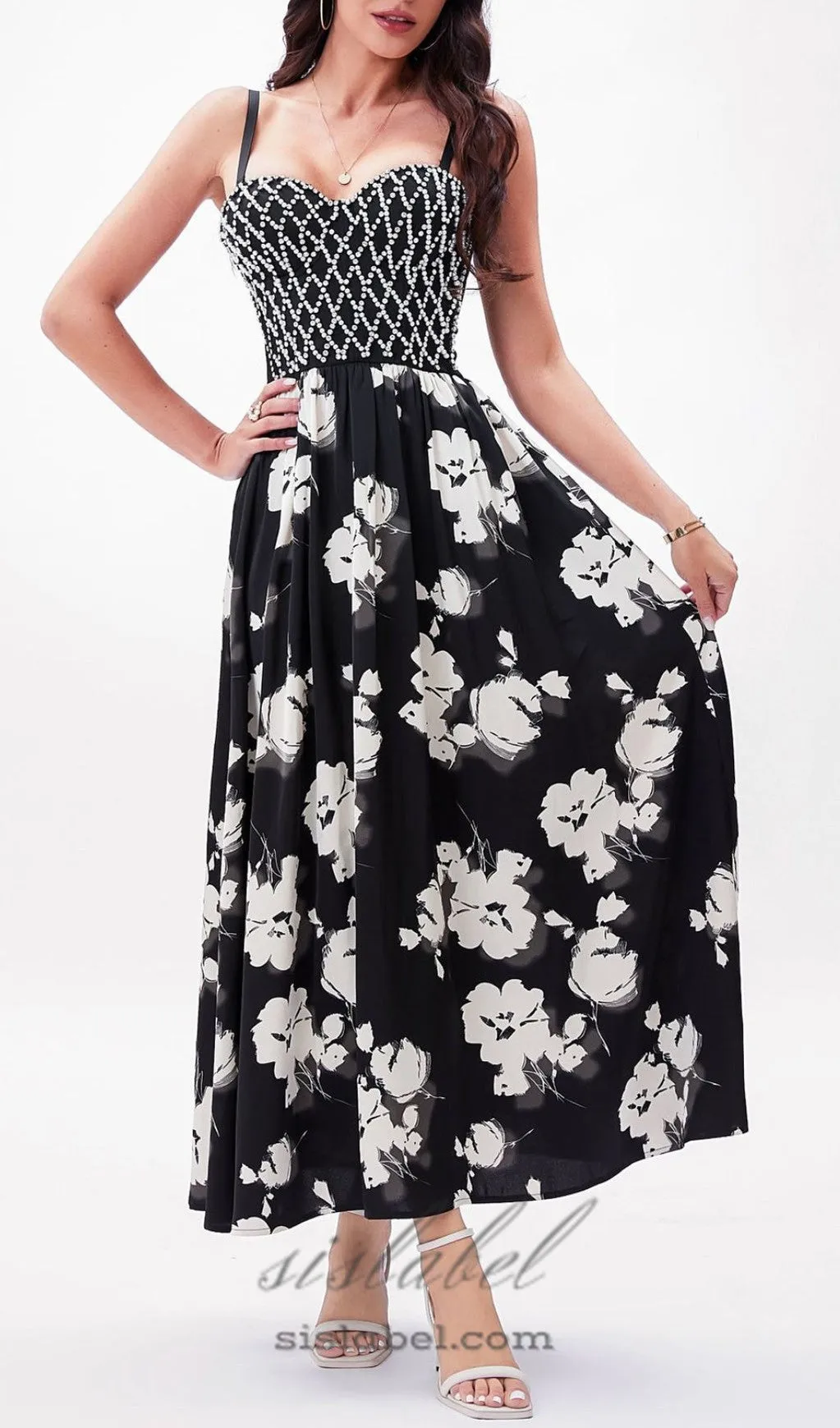 BLACK BEAD FLORAL MAXI DRESS