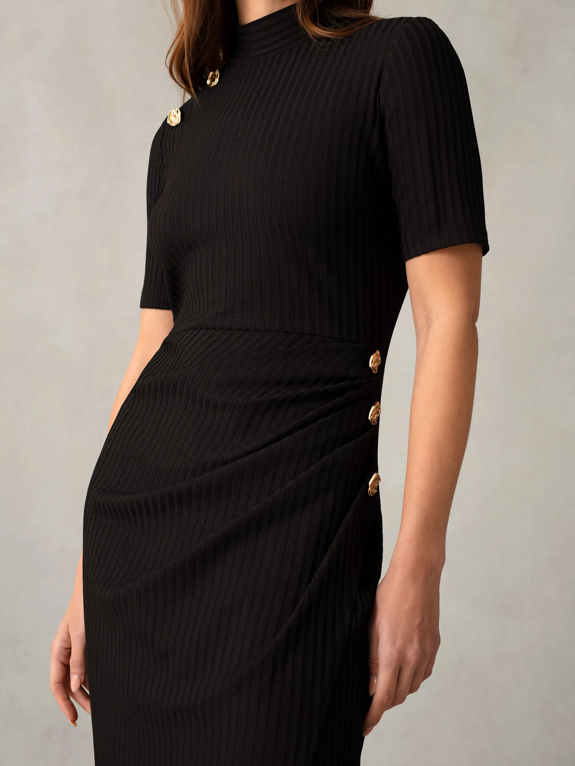 Black Ribbed Split Front Dress