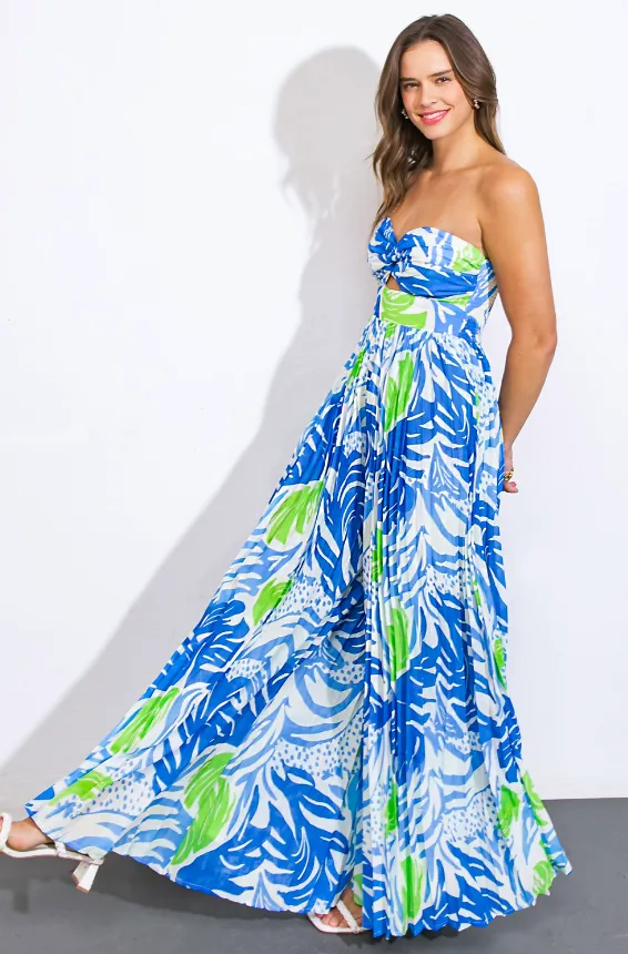 Blue Tropical Pleated Jumpsuit