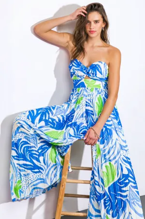 Blue Tropical Pleated Jumpsuit