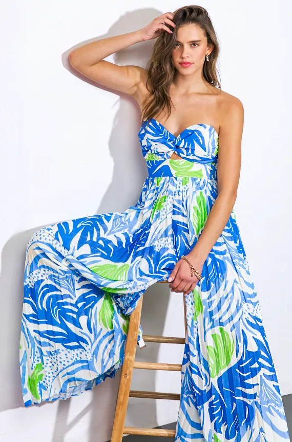 Blue Tropical Pleated Jumpsuit