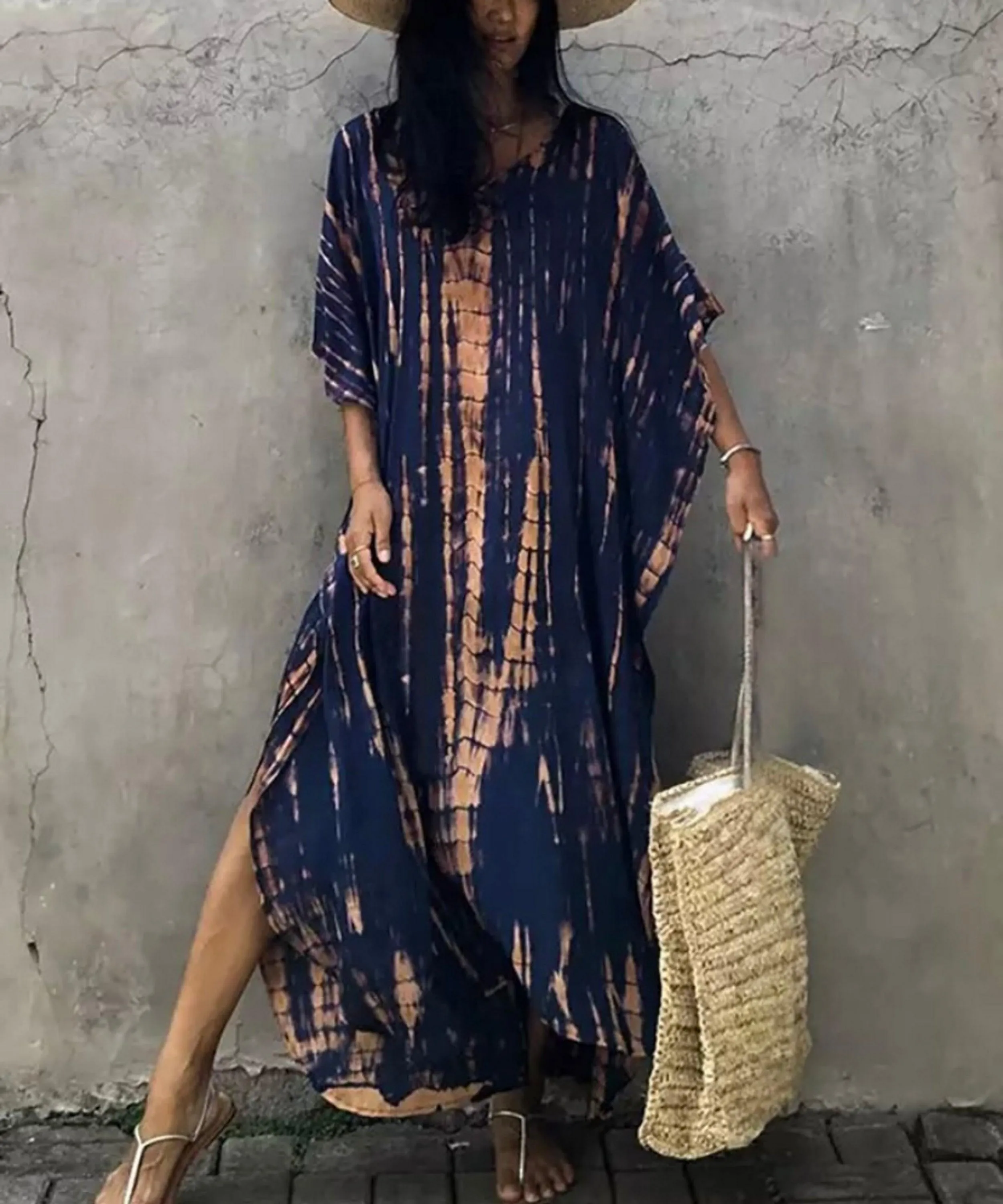 Bohemian Kaftan, Boho Retro Striped Tie Dye Women Swimsuit Cover Up, Beach Dress Kaftan