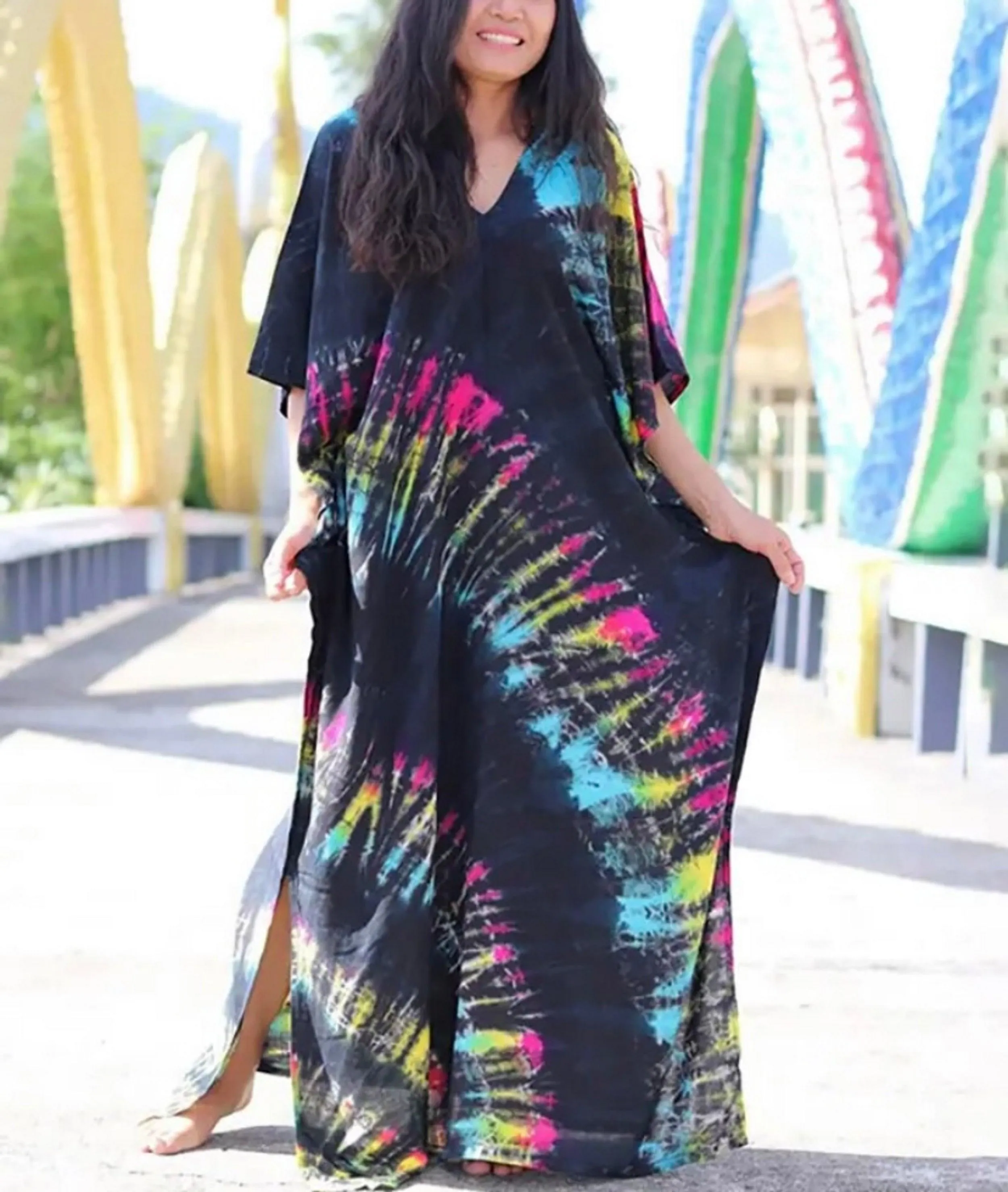 Bohemian Kaftan, Boho Retro Striped Tie Dye Women Swimsuit Cover Up, Beach Dress Kaftan