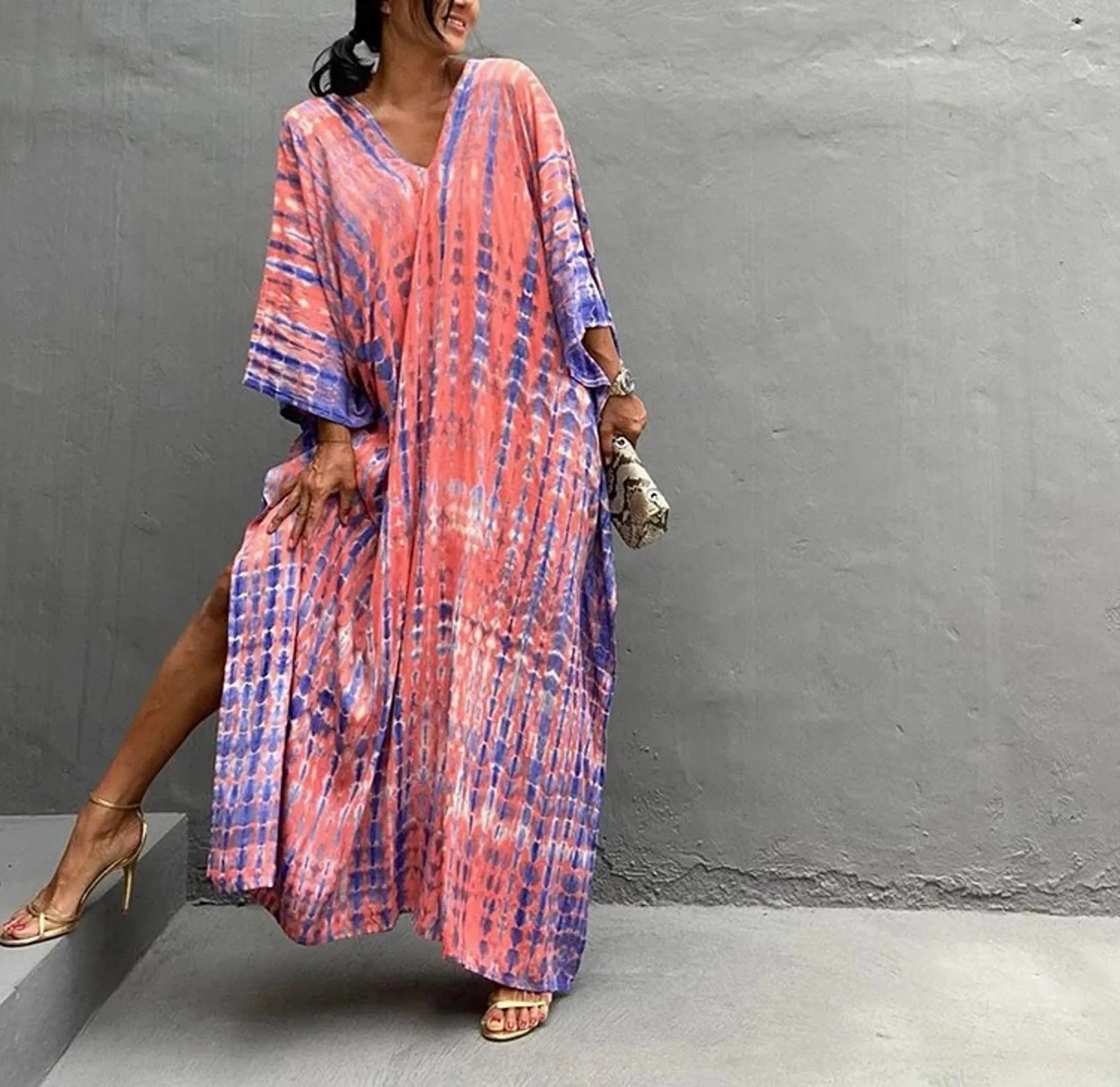 Bohemian Kaftan, Boho Retro Striped Tie Dye Women Swimsuit Cover Up, Beach Dress Kaftan