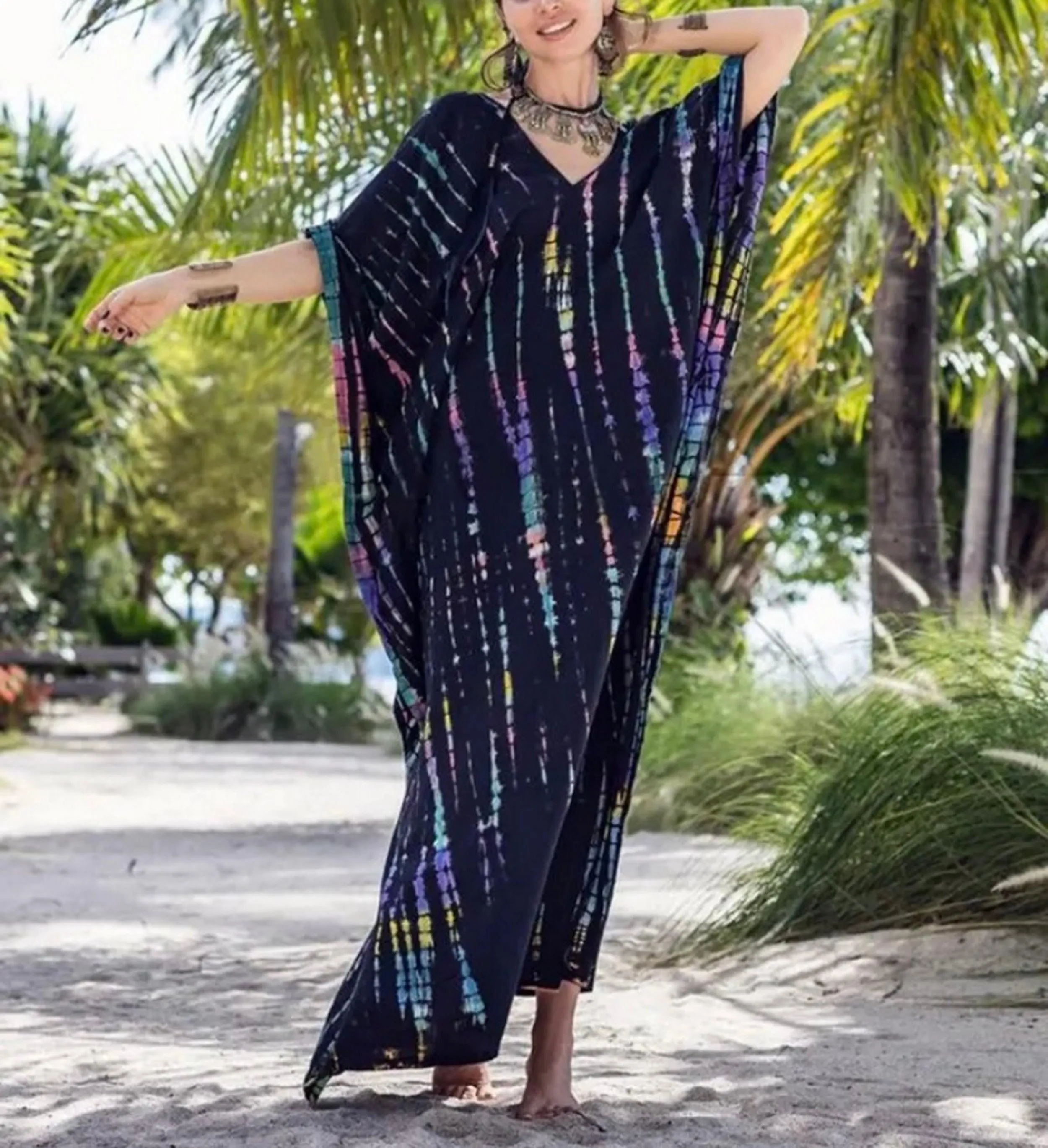 Bohemian Kaftan, Boho Retro Striped Tie Dye Women Swimsuit Cover Up, Beach Dress Kaftan