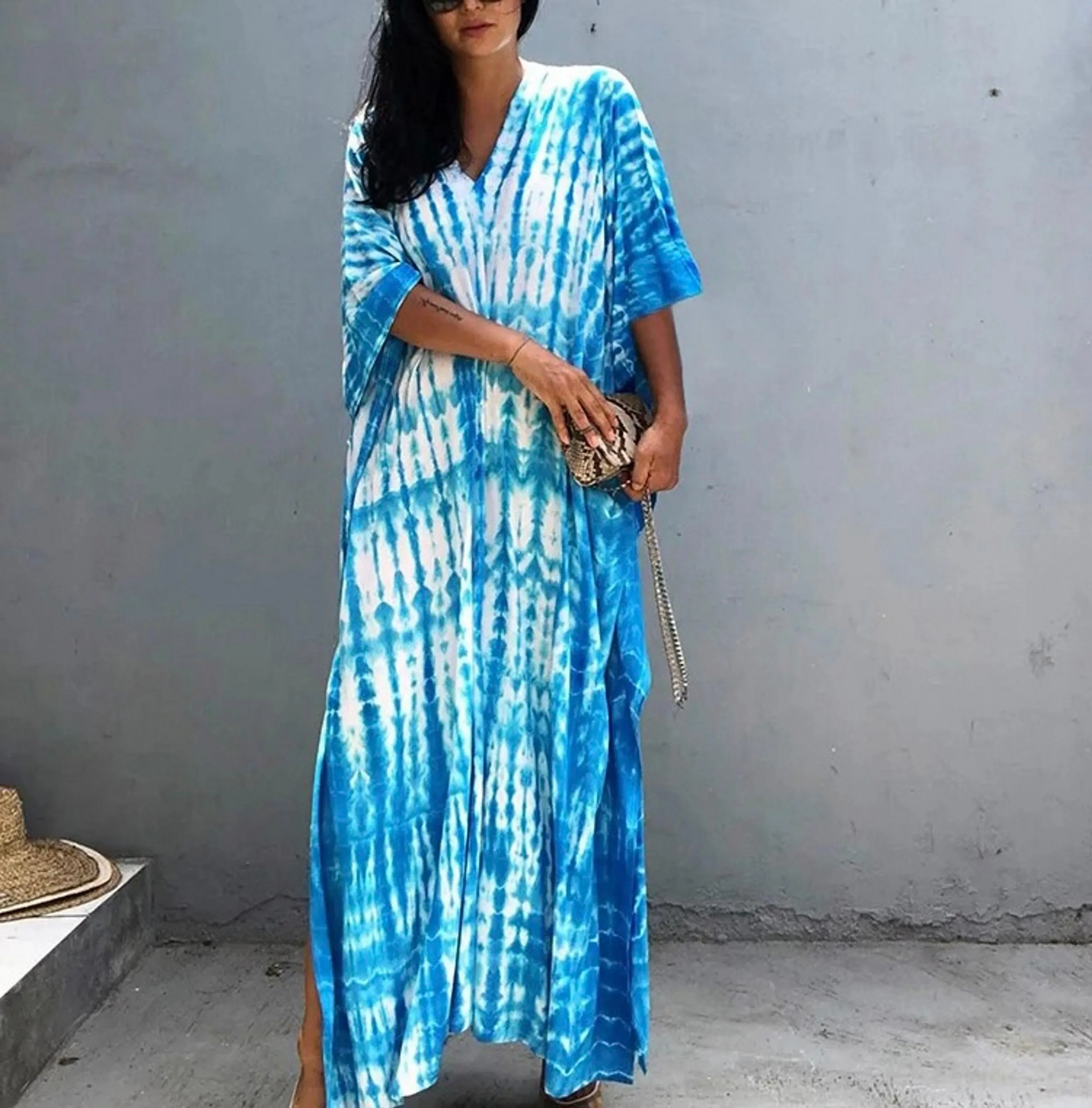 Bohemian Kaftan, Boho Retro Striped Tie Dye Women Swimsuit Cover Up, Beach Dress Kaftan