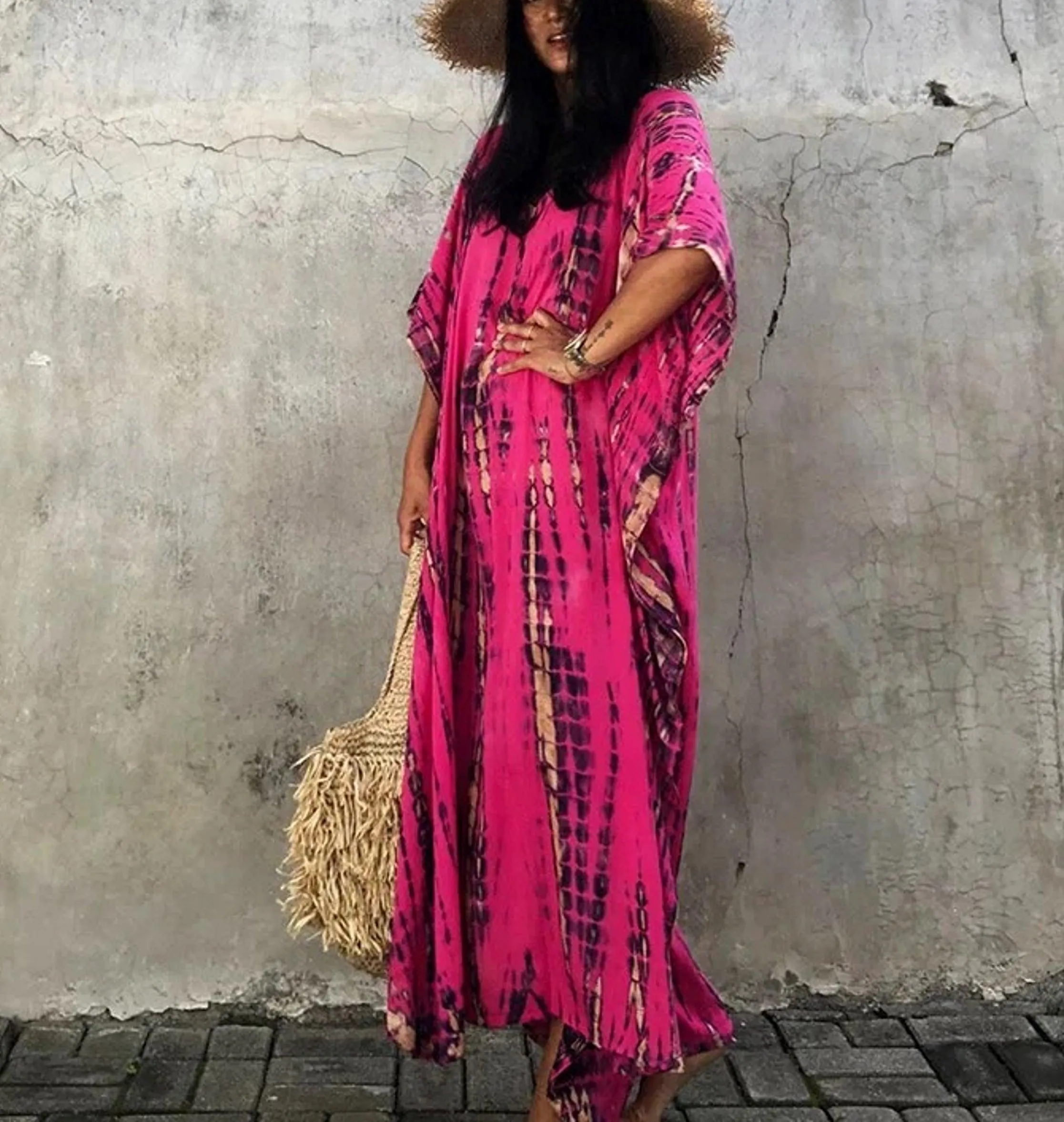 Bohemian Kaftan Dress, Boho Retro Striped Tie Dye Women Swimsuit Cover Up, Beach Dress Kaftan