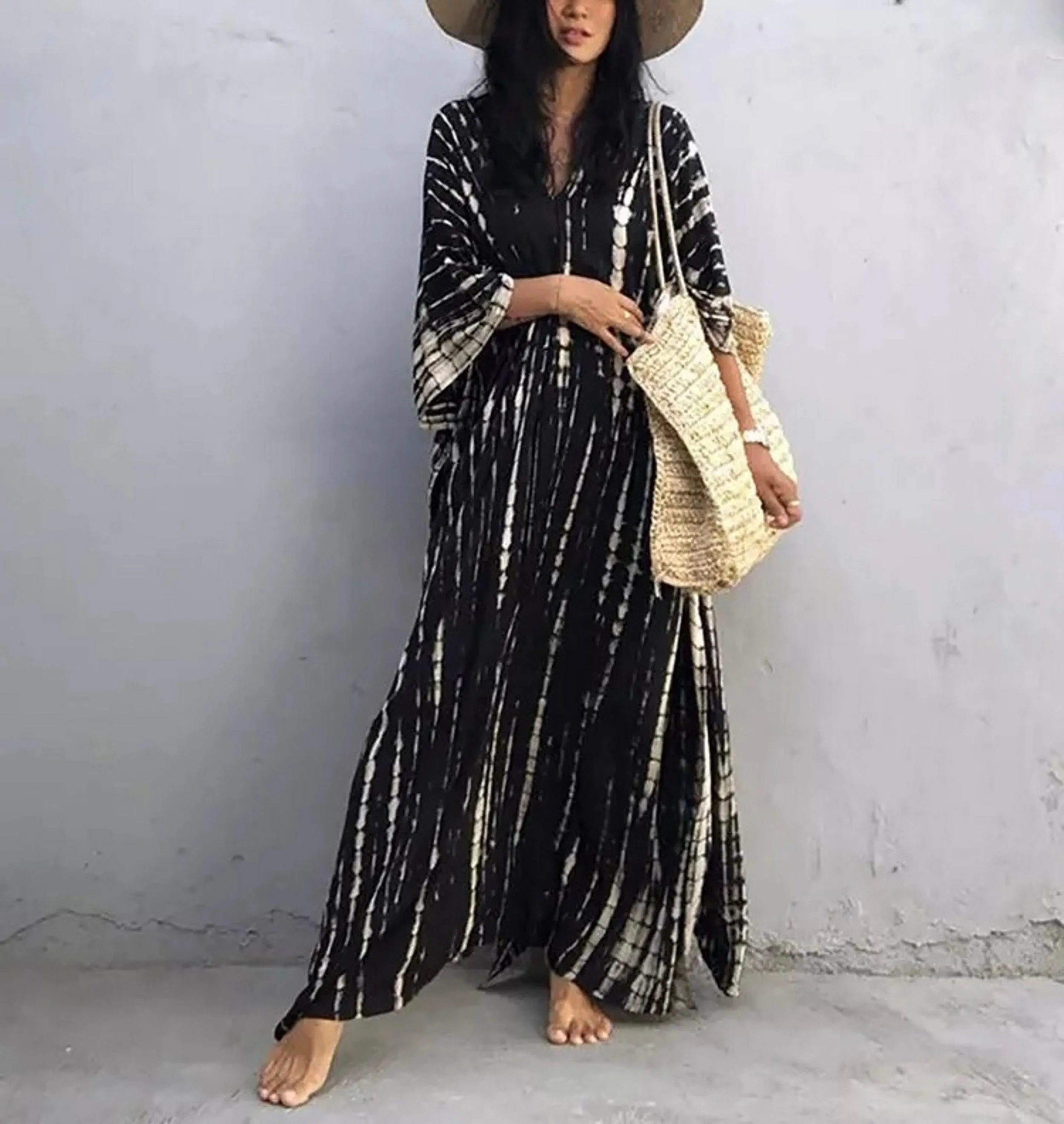 Bohemian Kaftan Dress, Boho Retro Striped Tie Dye Women Swimsuit Cover Up, Beach Dress Kaftan