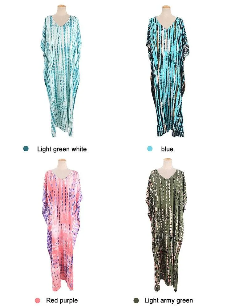 Bohemian Kaftan Dress, Boho Retro Striped Tie Dye Women Swimsuit Cover Up, Beach Dress Kaftan