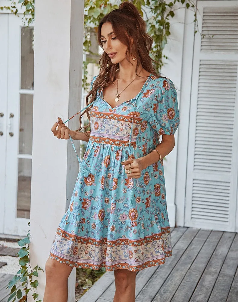 Bonnie Floral Puff Sleeve Summer Midi Dress