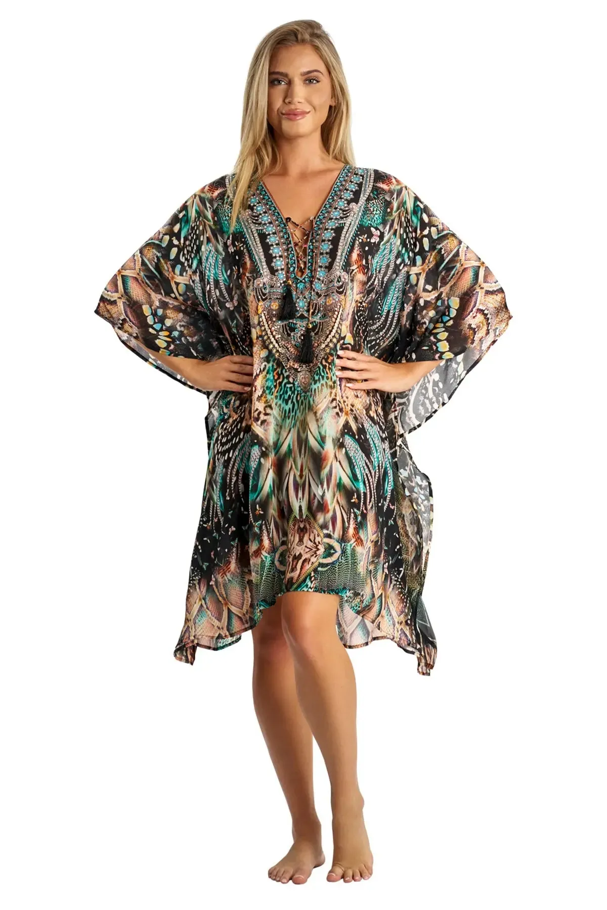 Caftan Light weight Lounger Dress | Laid Back Printed Kaftan Dress Coastal Resort Style Bathing Suit Bikini Swimsuit Cover Up