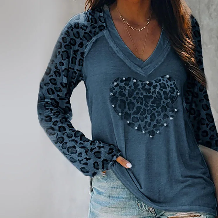 Casual Printed Nail Drill Pullover Long Sleeve V-neck Loose Women's T-shirt