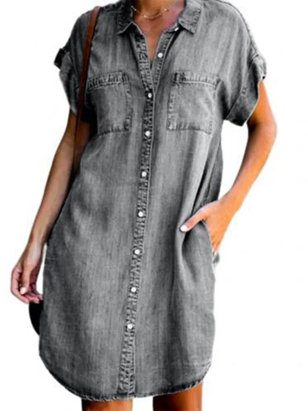 Casual Short-sleeve blue slim-fit denim midi dress