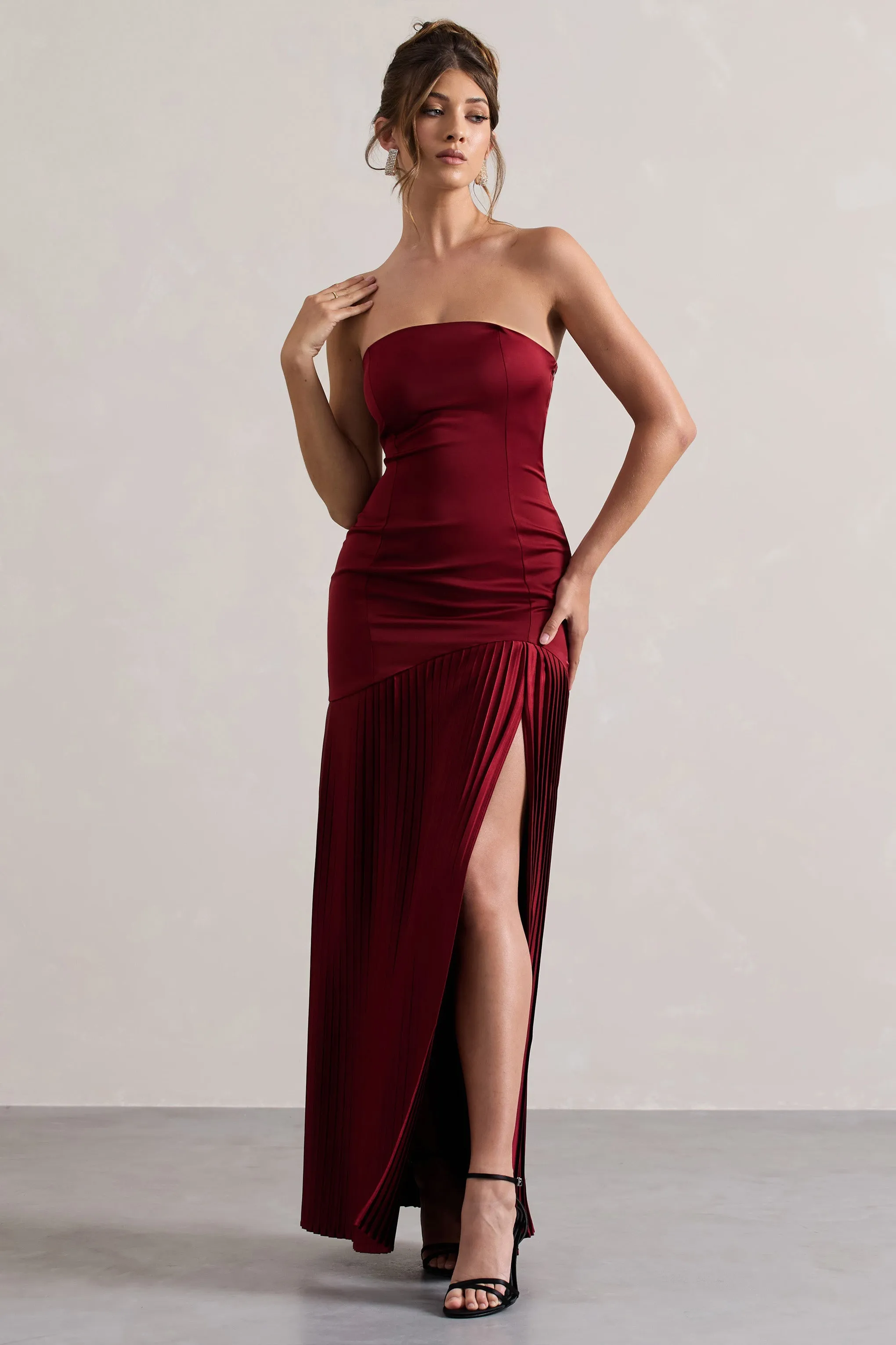 Confidence | Burgundy Satin Bandeau Pleated Split Maxi Dress