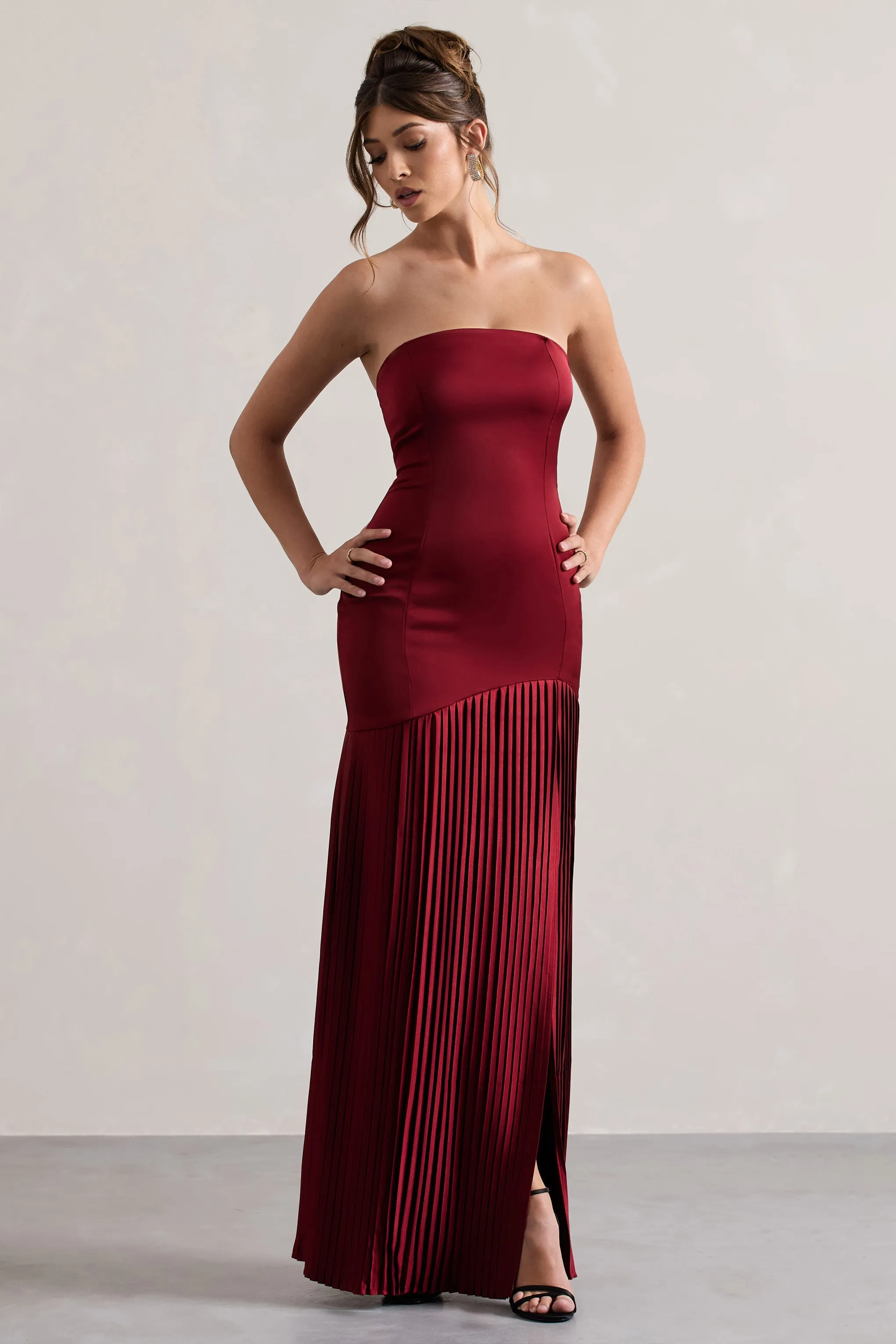 Confidence | Burgundy Satin Bandeau Pleated Split Maxi Dress