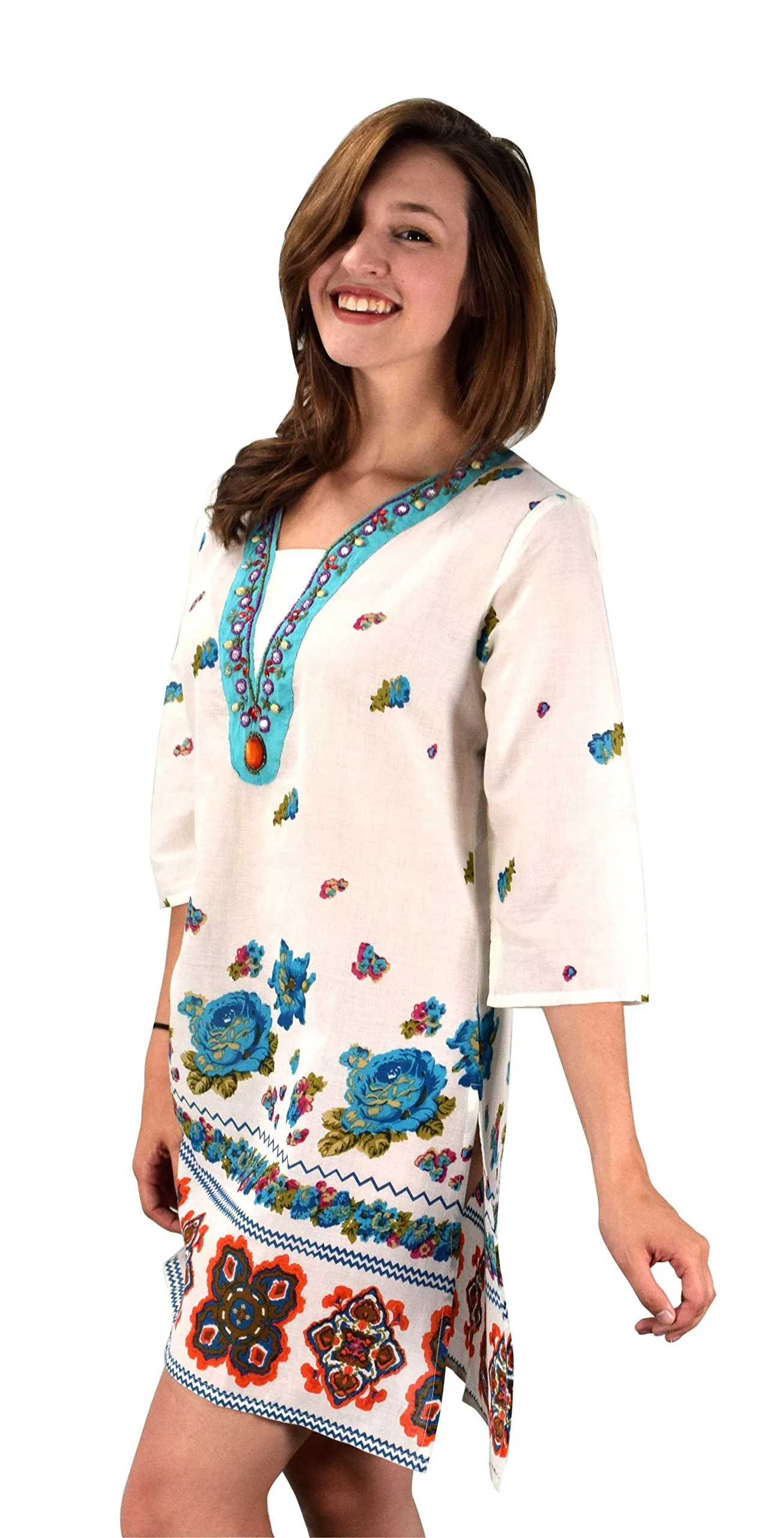 Cotton Floral Embroidered Vintage Petite Tunic Coverup Beachwear