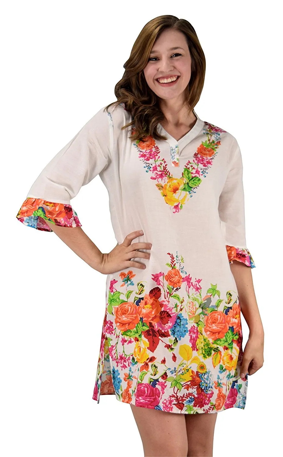 Cotton Floral Embroidered Vintage Petite Tunic Coverup Beachwear