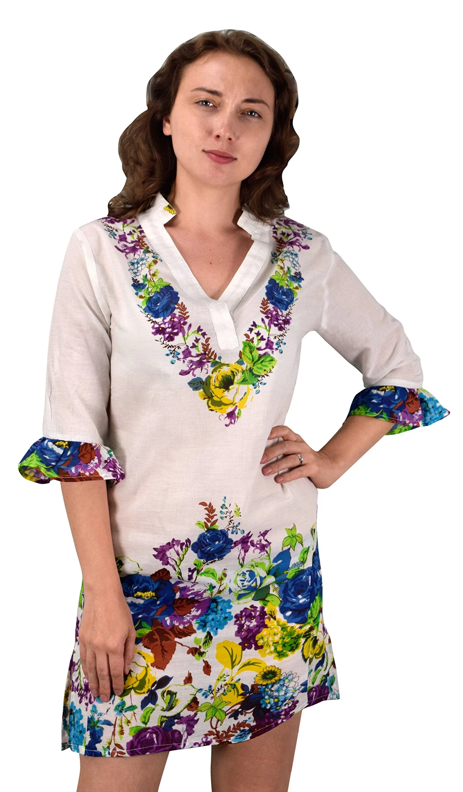 Cotton Floral Embroidered Vintage Petite Tunic Coverup Beachwear