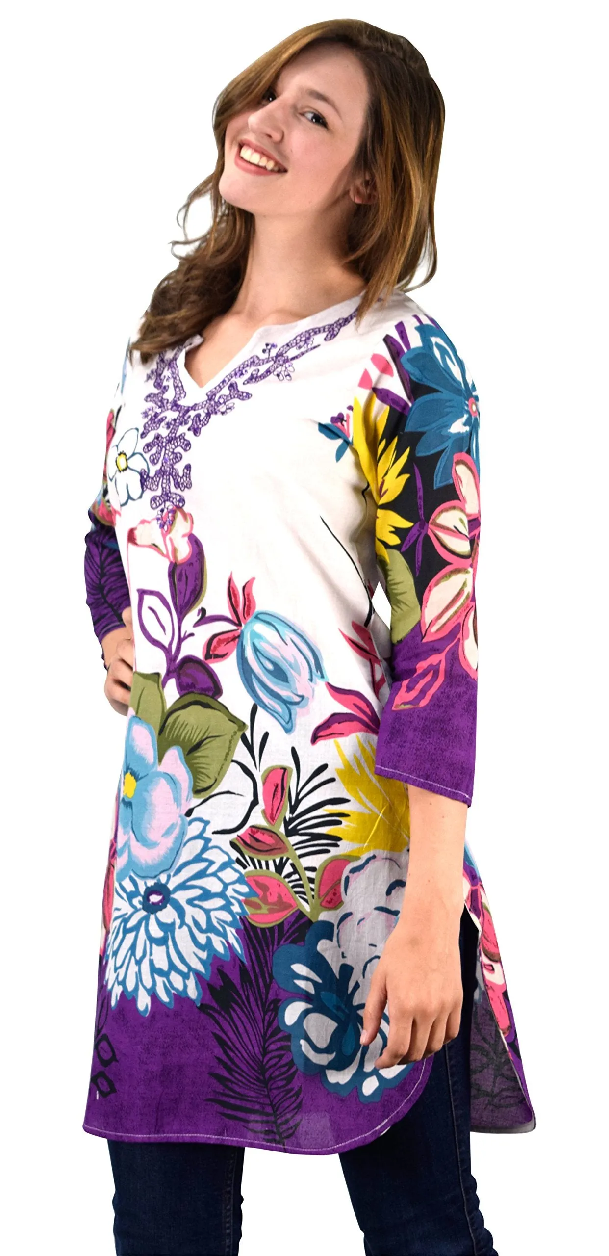 Cotton Floral Embroidered Vintage Petite Tunic Coverup Beachwear