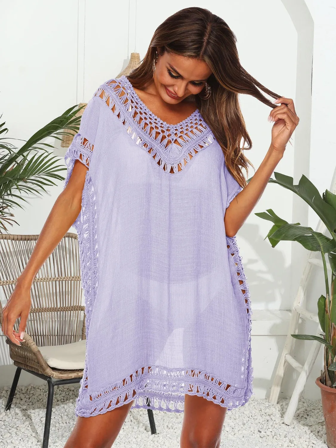 Cutout V-Neck Short Sleeve Cover-Up