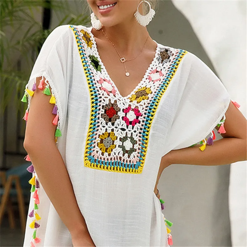 deanwangkt  Tassel Beach Cover Up Dress Woman Summer  Pareo Bathing Suit Cover Ups White Crochet Swim Coverup Female Tunics Cover-up