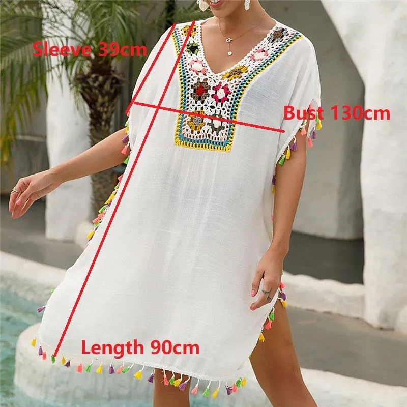 deanwangkt  Tassel Beach Cover Up Dress Woman Summer  Pareo Bathing Suit Cover Ups White Crochet Swim Coverup Female Tunics Cover-up